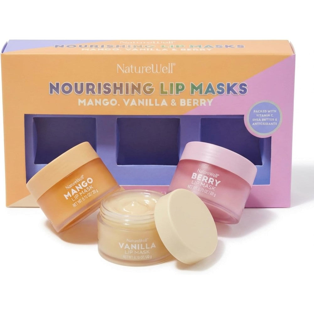 Nature Well Hydrating Lip Masks variety pack in Mango and Vanilla and Berry jars