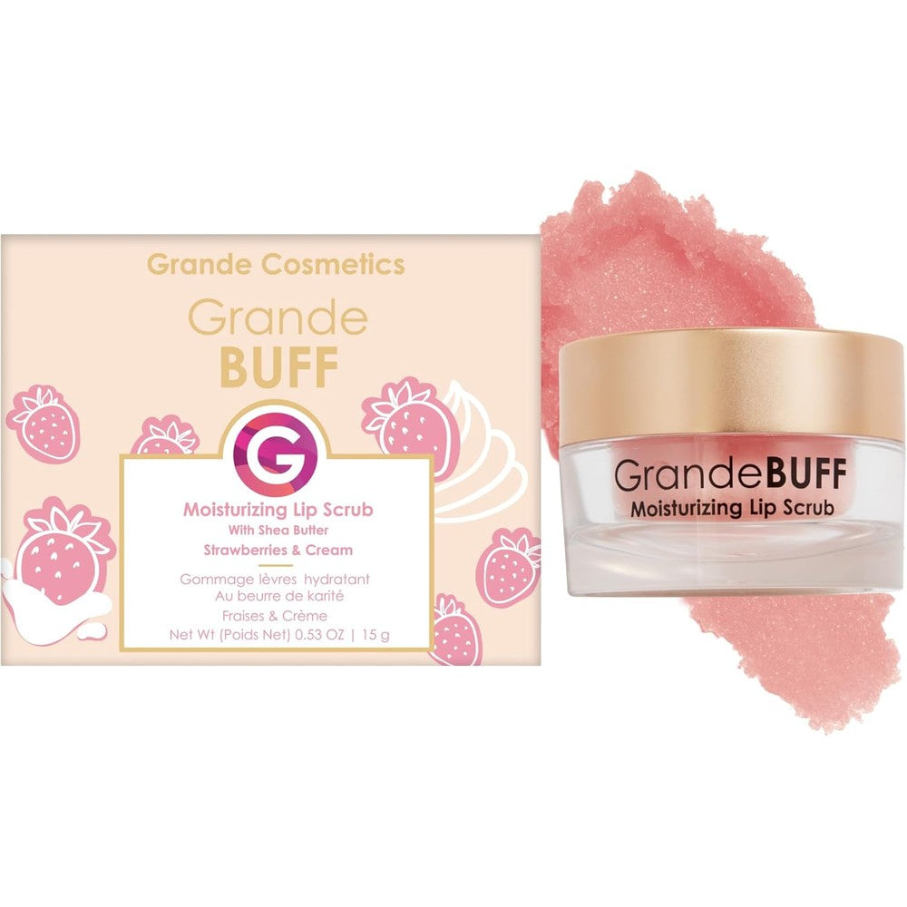 Grande Cosmetics GrandeBUFF Moisturizing Lip Scrub jar with sugar granules