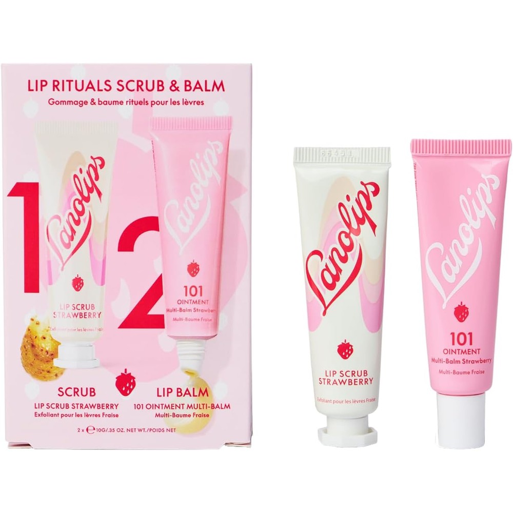 Lanolips Strawberry Lip Scrub and Lip Balm set front view