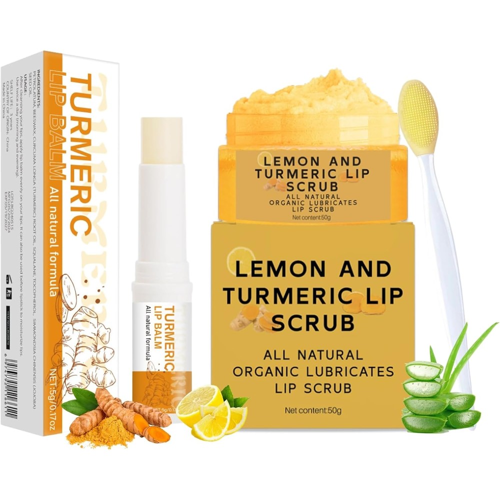 Murend 3 piece turmeric lemon lip scrub and balm set front view