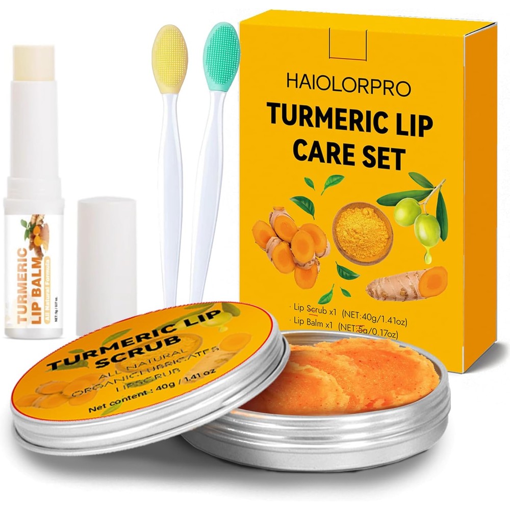 Haiolorpro Turmeric Lip Scrub and Balm set with brush front view