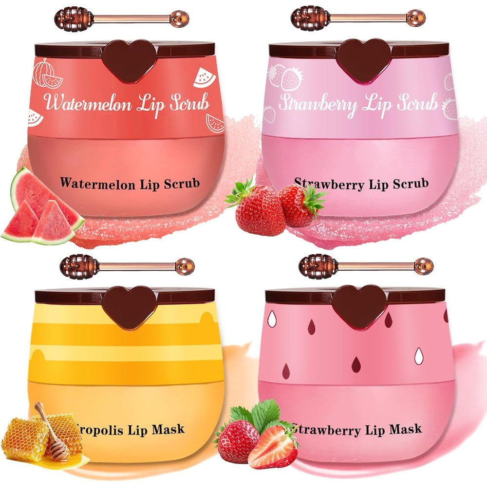 LZXLUKGIR 4PCS Strawberry and Honey Lip Scrub and Mask Set front view