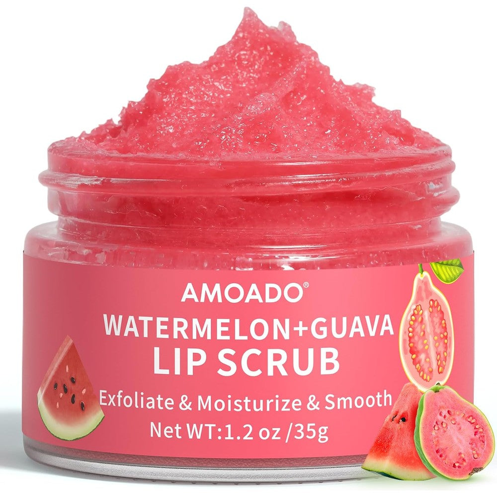 Amoado Sugar Lip Scrub watermelon and guava jar front view