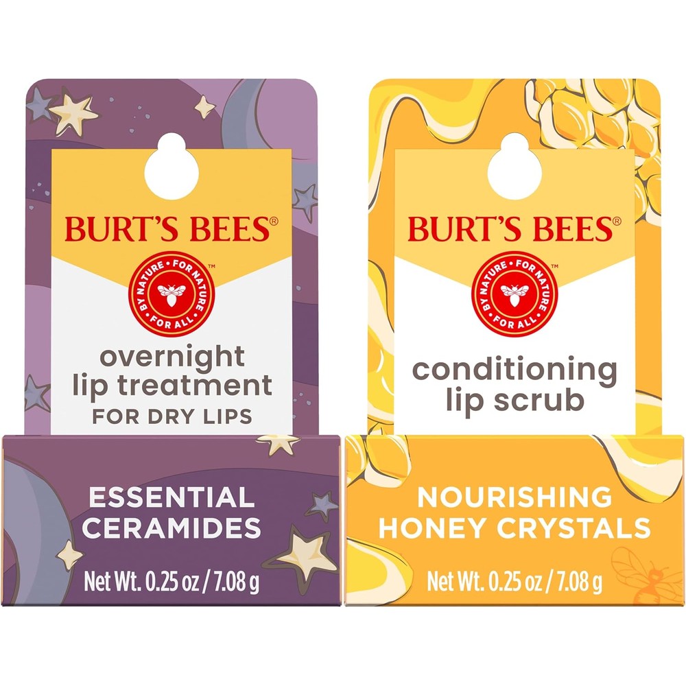 Burt's Bees Conditioning Lip Scrub and Overnight Intensive Lip Treatment front view duo packaging