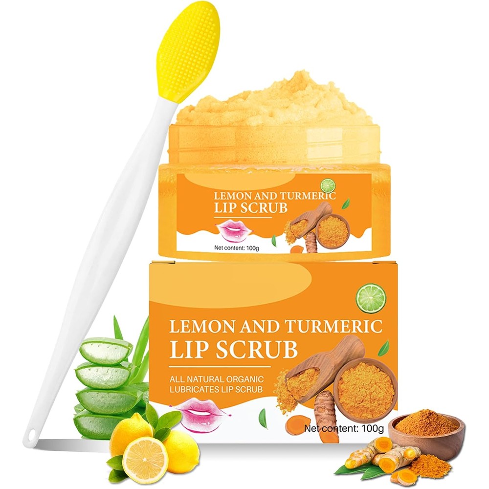 Yjlyqf Turmeric Lemon Lip Scrub 100g container with silicone brush