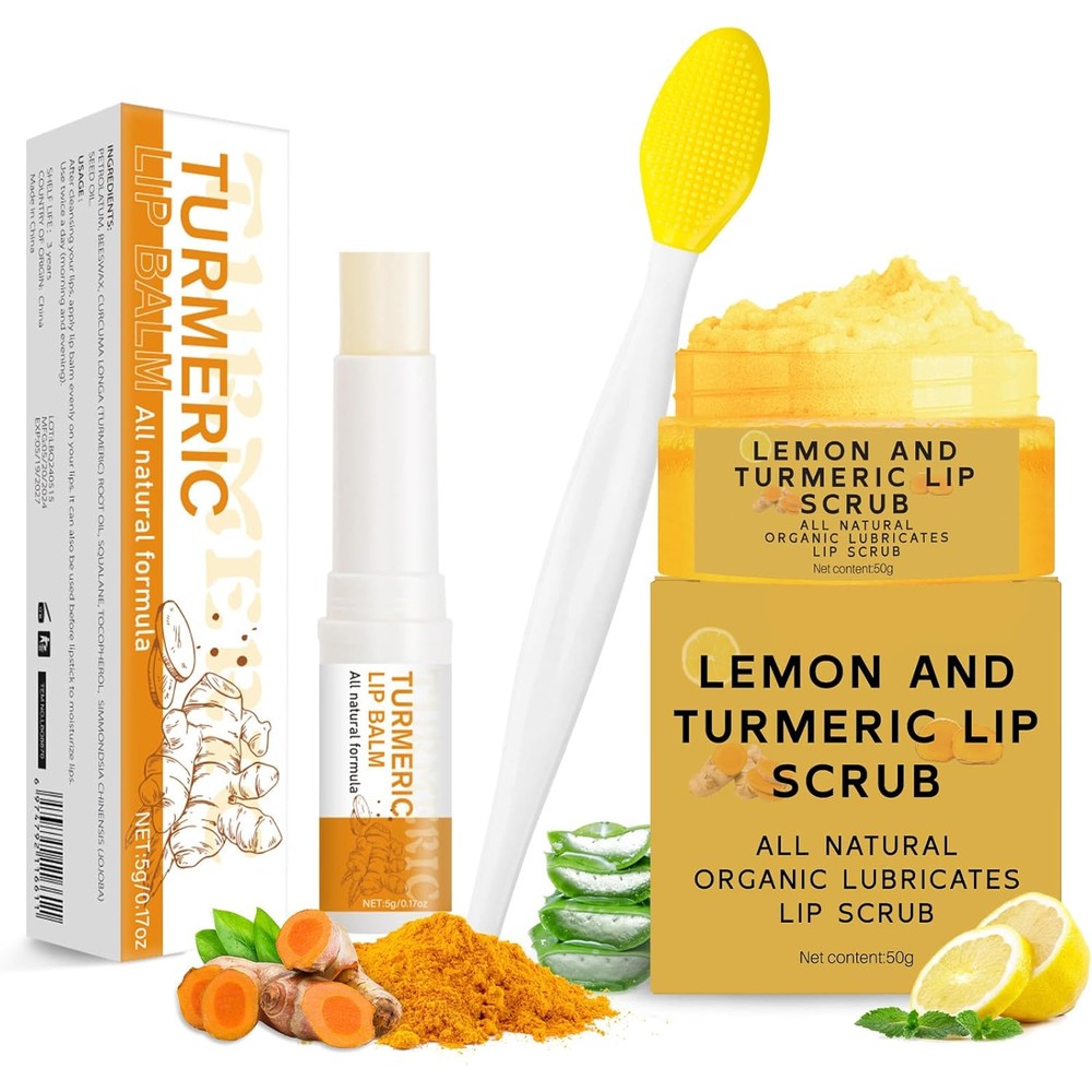 Murend Turmeric Lemon Lip Scrub and Balm 3 Piece Set front view