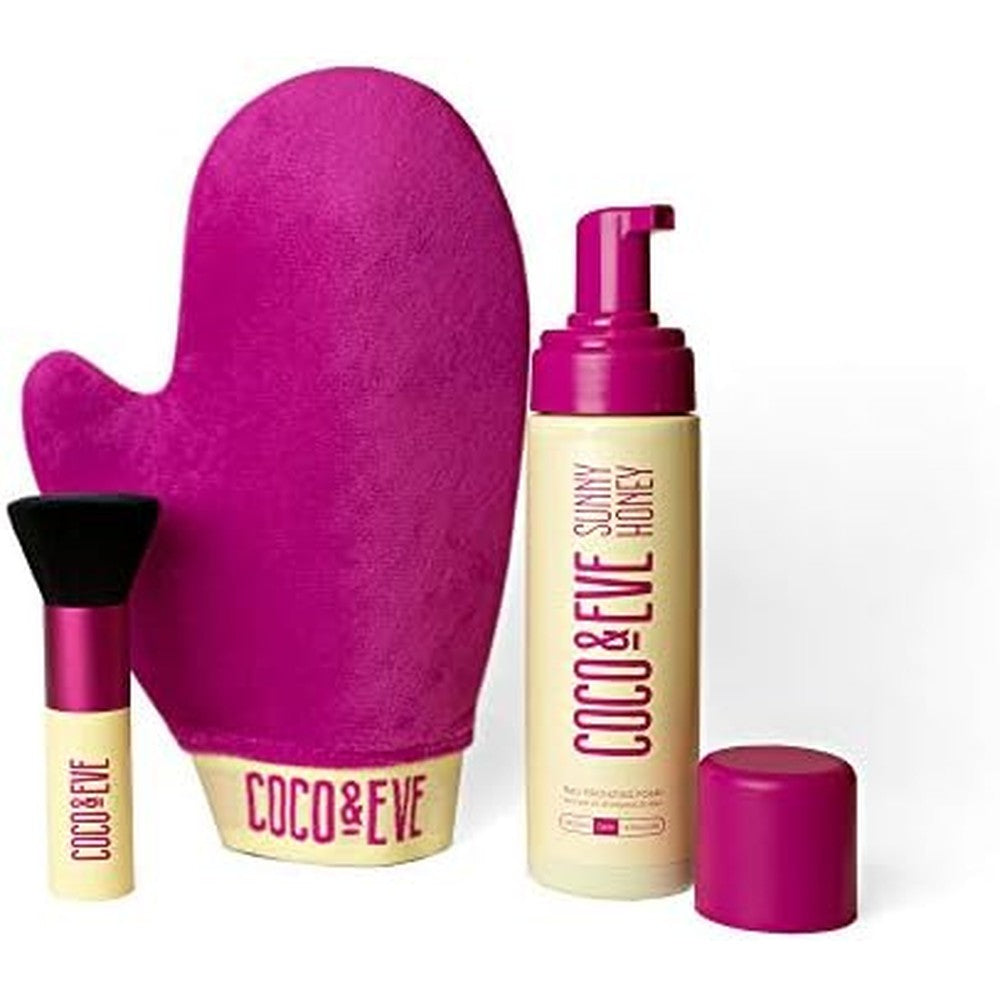 Coco & Eve self tanner foam bundle front view showing dark mousse bottle with applicator mitt and kabuki brush