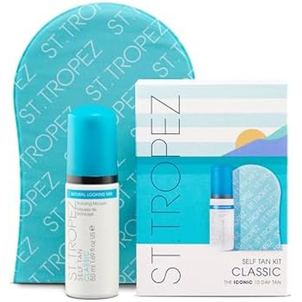 St. Tropez Self Tan Classic Mini Kit front view showing mousse and mitt.
