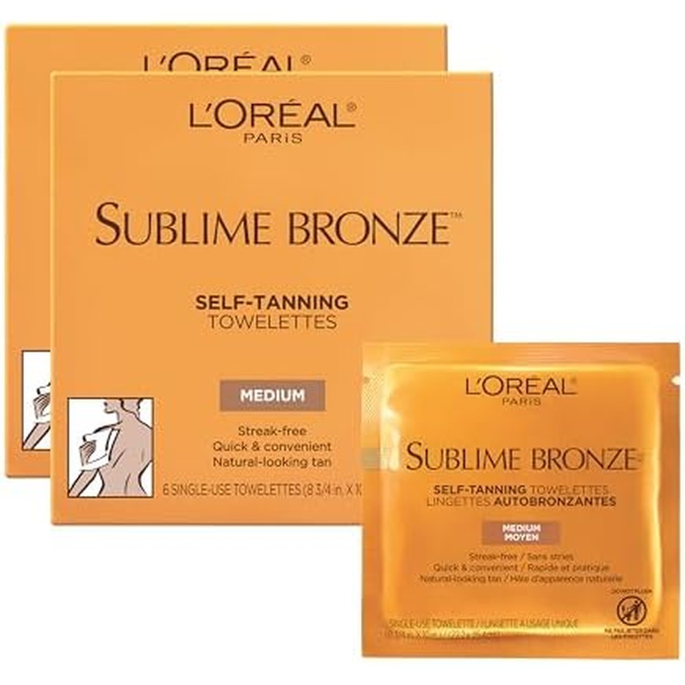 L'Oreal Paris Sublime Bronze Self Tanning Towelettes front view packaging for sunless body tanning