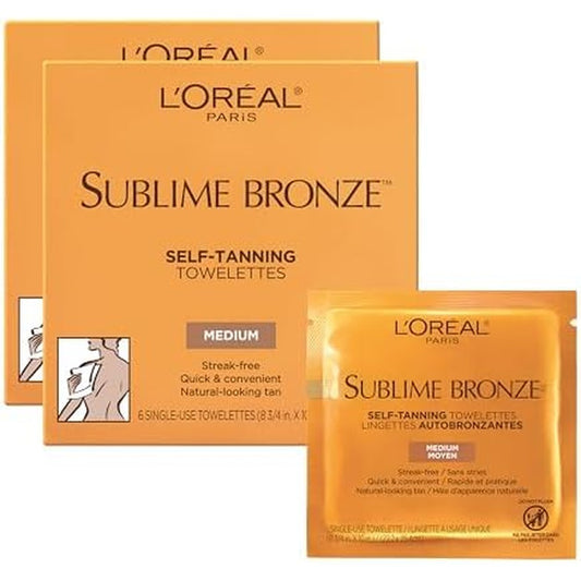 L'Oreal Paris Sublime Bronze Self Tanning Towelettes front view packaging for sunless body tanning