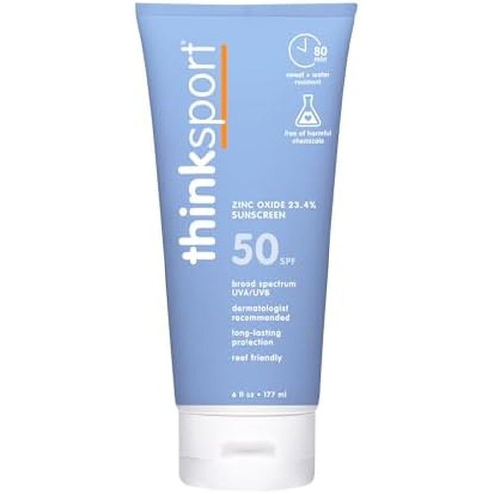 Thinksport SPF 50 Plus Mineral Sunscreen front view bottle for sports protection
