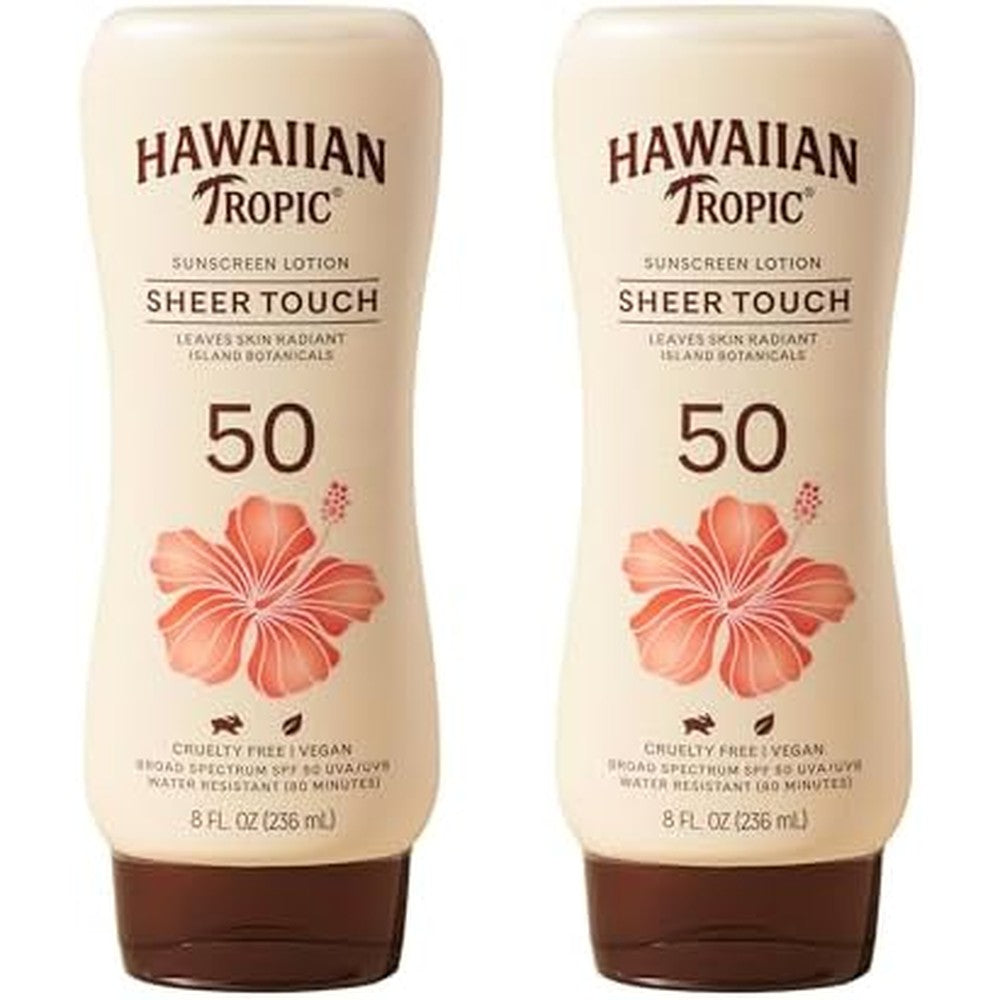 Hawaiian Tropic Sheer Touch SPF 50 Lotion front view of twin pack