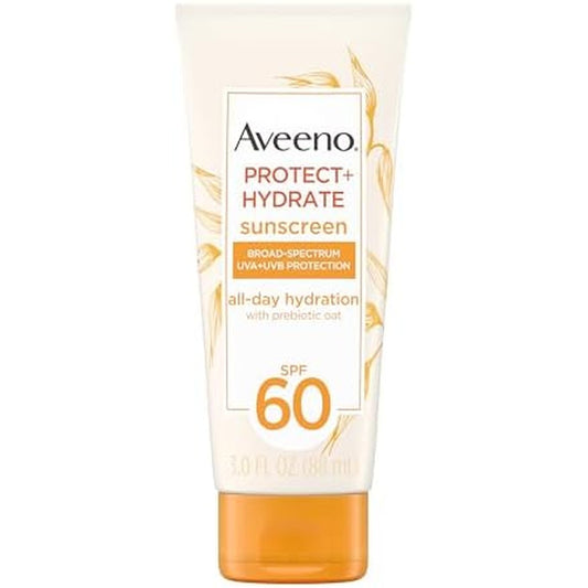 Aveeno Protect and Hydrate Moisturizing Body Sunscreen Lotion SPF 60 front view showing authentic USA packaging.