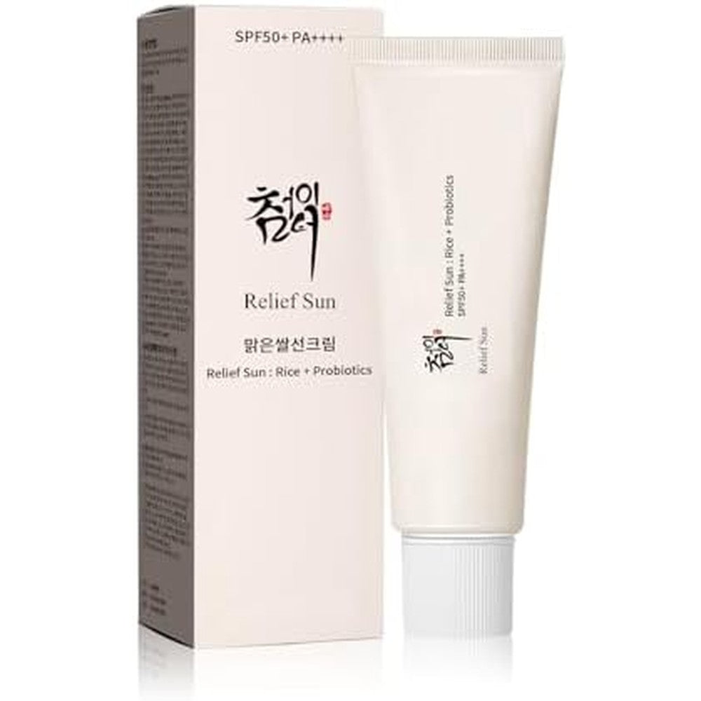 Relief Sun organic Korean sunscreen rice and probiotics bottle front view for UV face protection.