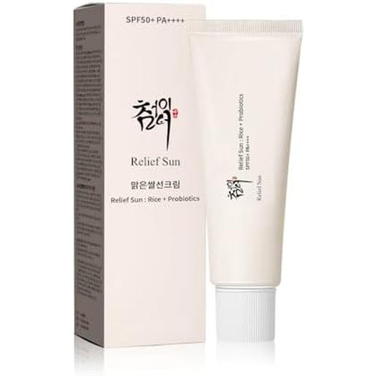Relief Sun organic Korean sunscreen rice and probiotics bottle front view for UV face protection.