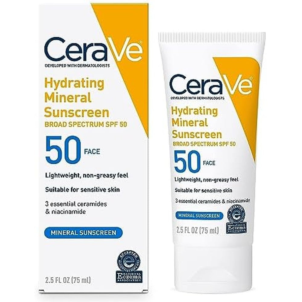 CeraVe Hydrating Mineral Sunscreen Face Lotion Broad Spectrum SPF 50 front view packaging tube