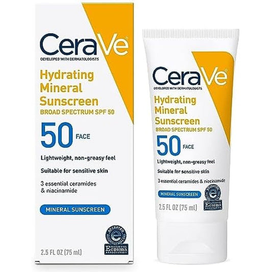CeraVe Hydrating Mineral Sunscreen Face Lotion Broad Spectrum SPF 50 front view packaging tube