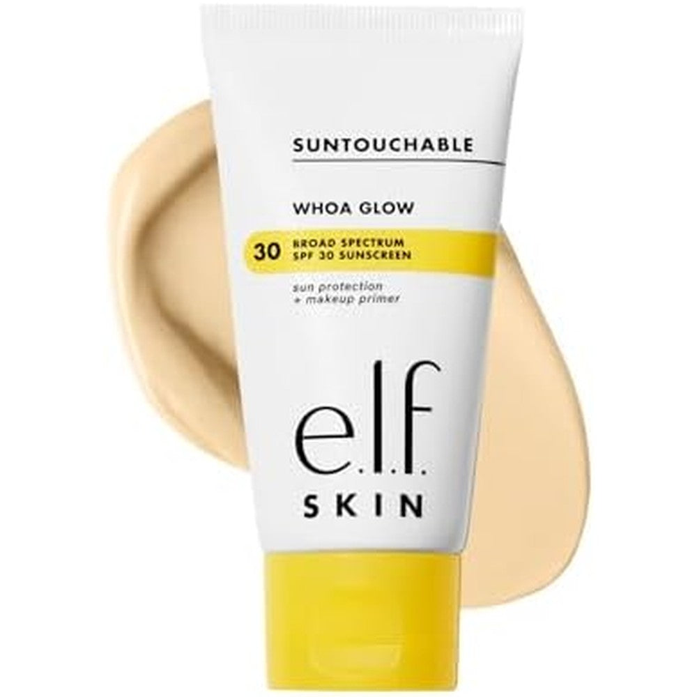 e.l.f. SKIN Suntouchable Whoa Glow SPF 30 tube showing the sheer peach shimmer sunscreen texture