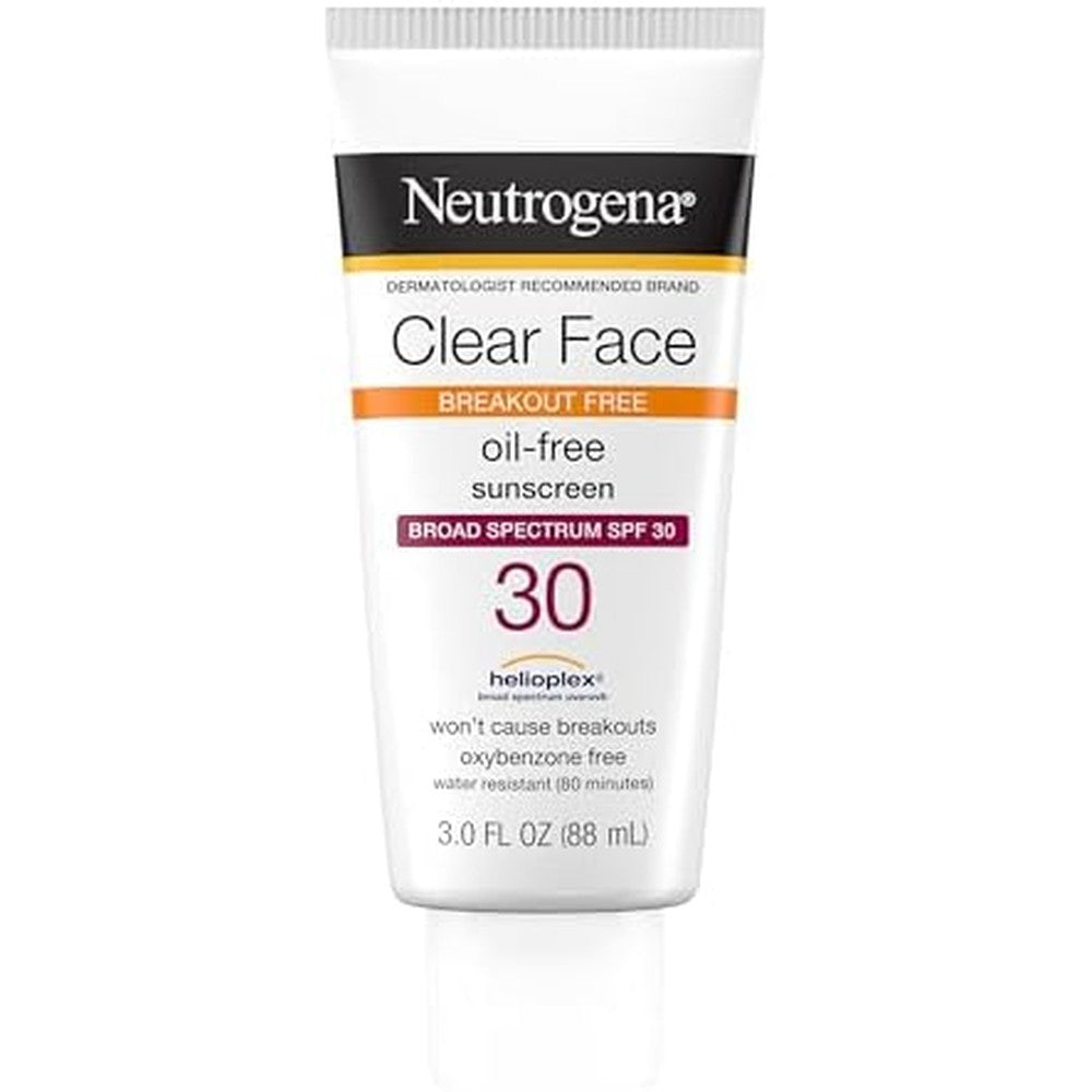 Neutrogena Clear Face Liquid Lotion Sunscreen Broad Spectrum SPF 30 front view of the 3 fluid ounce tube