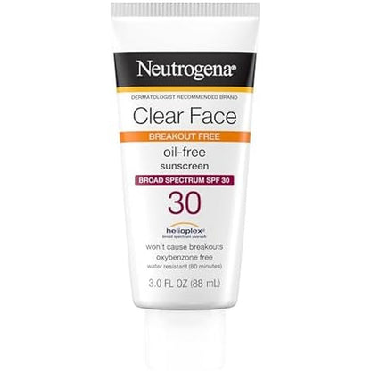 Neutrogena Clear Face Liquid Lotion Sunscreen Broad Spectrum SPF 30 front view of the 3 fluid ounce tube
