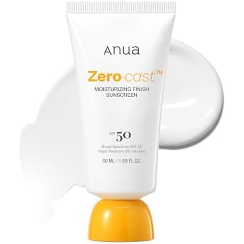 Anua Zero-Cast Moisturizing Finish Sunscreen front view bottle showing SPF 50 rating