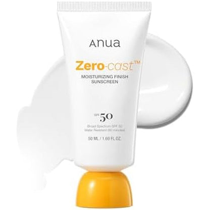 Anua Zero-Cast Moisturizing Finish Sunscreen front view bottle showing SPF 50 rating