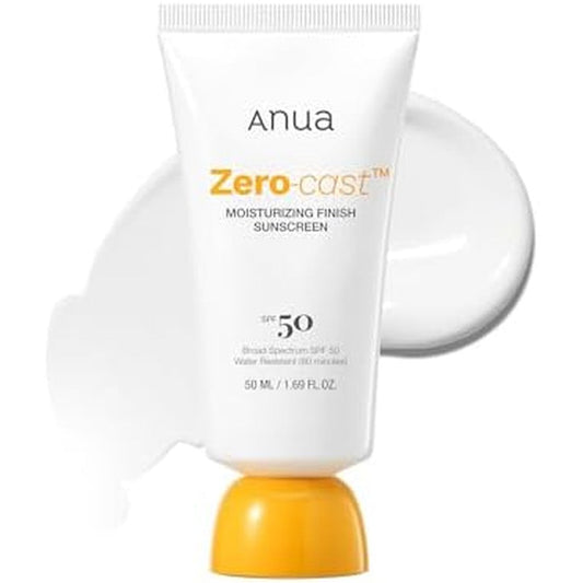 Anua Zero-Cast Moisturizing Finish Sunscreen front view bottle showing SPF 50 rating