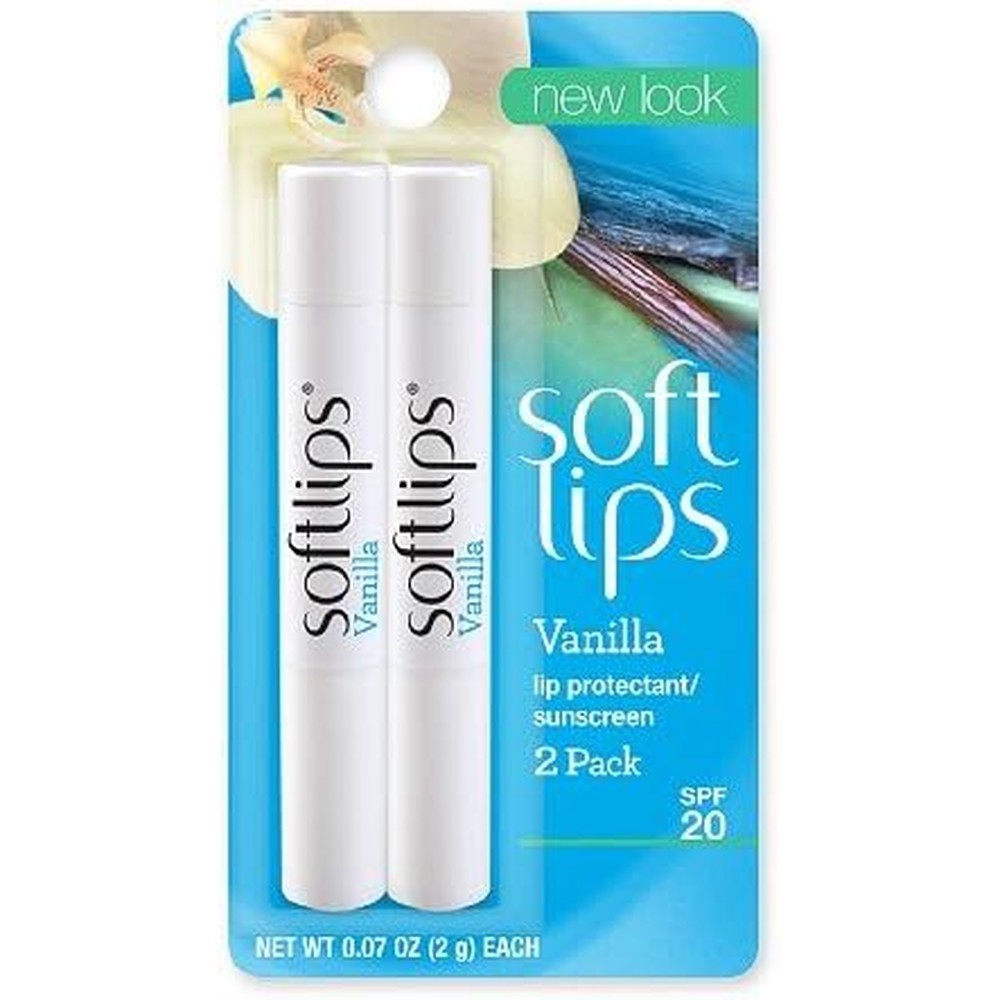 Softlips Lip Protectant Sunscreen SPF 20 Vanilla 4 Pack slim sticks front view.