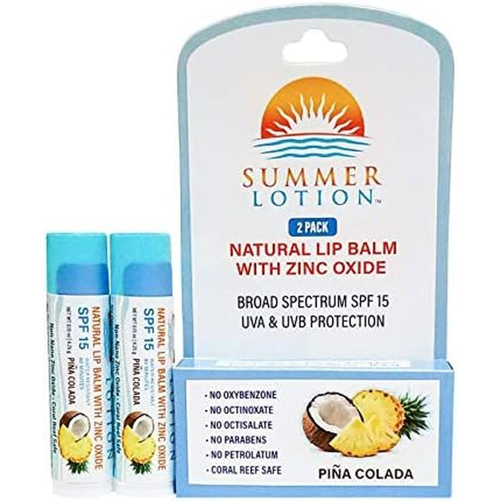 Summer Lotion Natural Lip Balm 2-Pack front view with pina colada branding