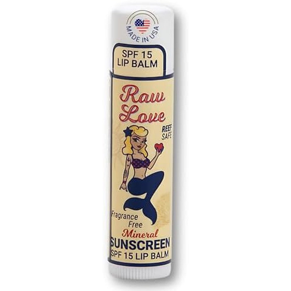 Raw Love SPF 15 mineral sunscreen lip balm front view packaging