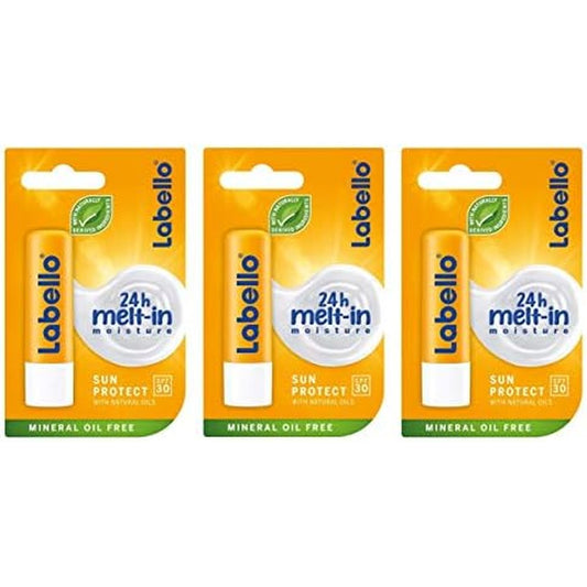 Labello Sun Protect SPF 30 lip balm 3 pack front view for sun protection