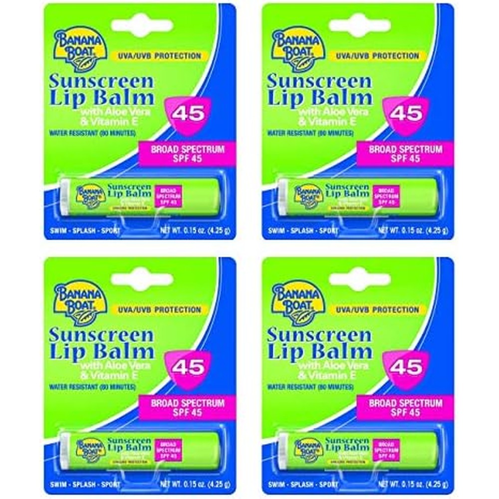 Banana Boat Aloe Vera Lip Balm SPF 45 Pack of 4 front view showing packaging
