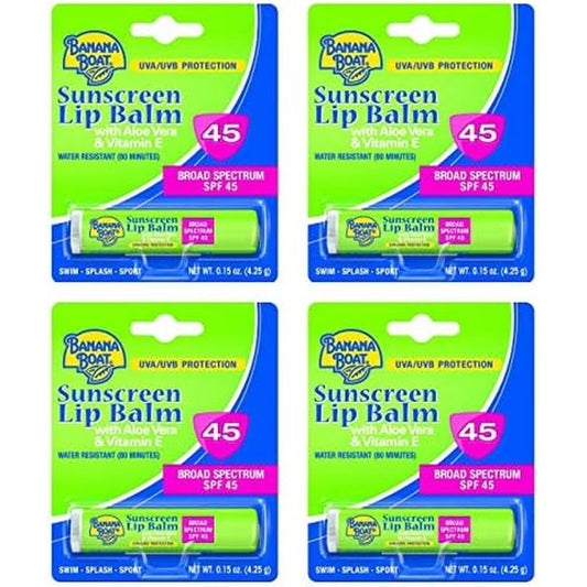 Banana Boat Aloe Vera Lip Balm SPF 45 Pack of 4 front view showing packaging
