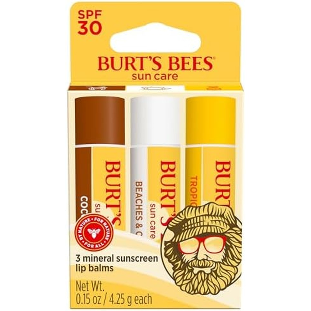 Burt's Bees SPF 30 Lip Balm Island Getaway 3-pack front view showing original packaging