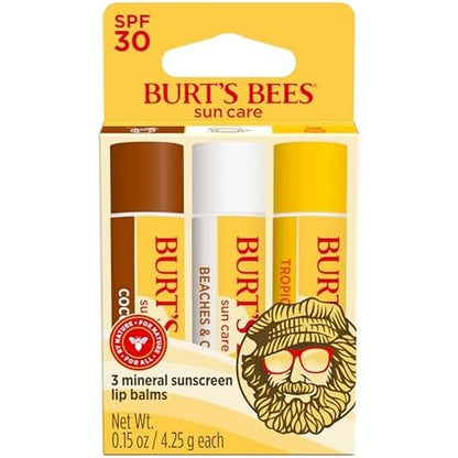 Burt's Bees SPF 30 Lip Balm Island Getaway 3-pack front view showing original packaging