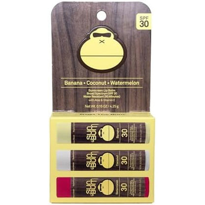 Sun Bum SPF 30 Sunscreen Lip Balm 3 pack variety set front view
