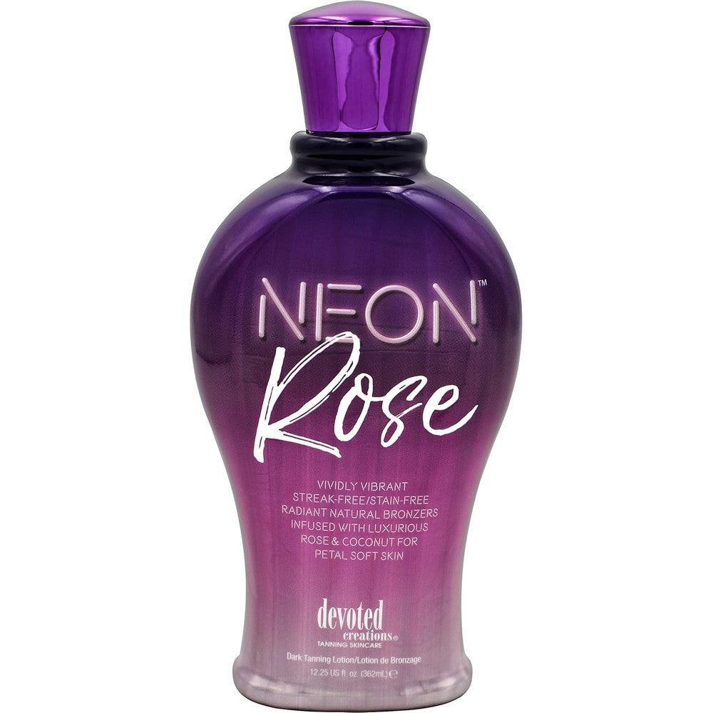 Devoted Creations Neon Rose Tanning Lotion front view bottle for premium indoor tanning.