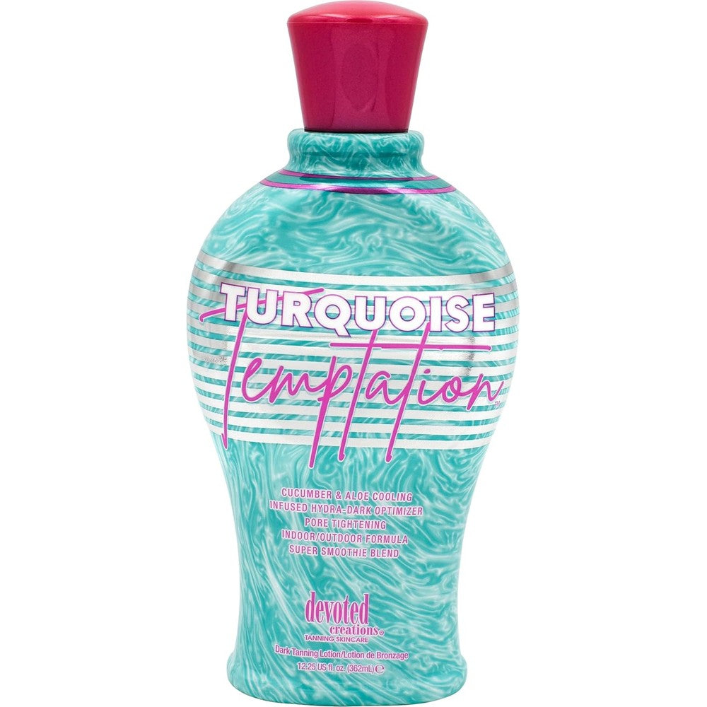 Devoted Creations Turquoise Temptation indoor and outdoor tanning lotion bottle front view.