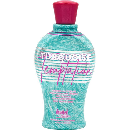 Devoted Creations Turquoise Temptation indoor and outdoor tanning lotion bottle front view.