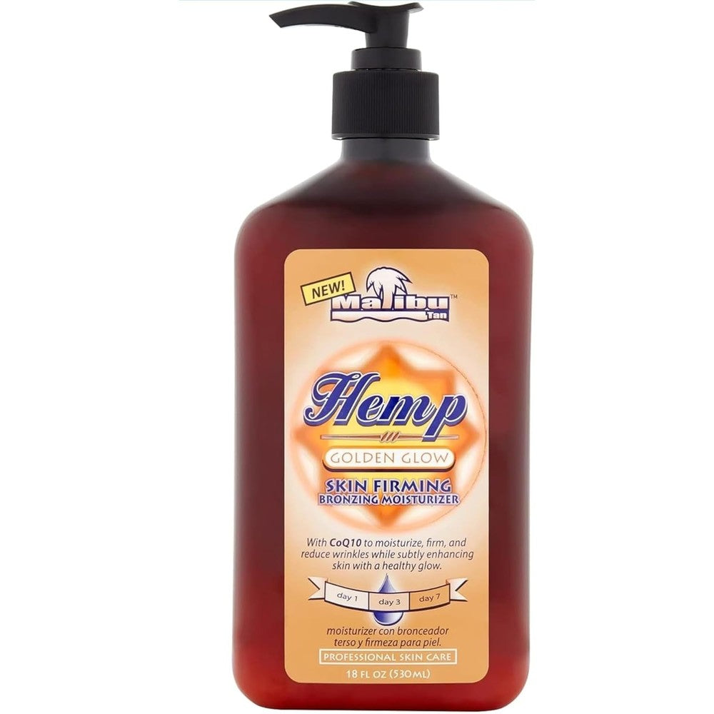 Malibu Tan Hemp Golden Glow Skin Firming Lotion front view bottle