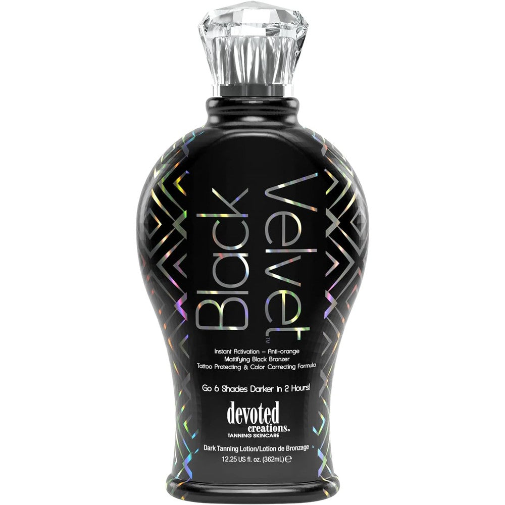 Devoted Creations Black Velvet front view of 12.25 fluid ounce tanning lotion bottle