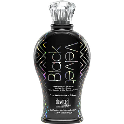Devoted Creations Black Velvet front view of 12.25 fluid ounce tanning lotion bottle