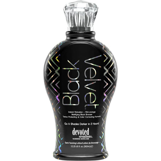 Devoted Creations Black Velvet front view of 12.25 fluid ounce tanning lotion bottle