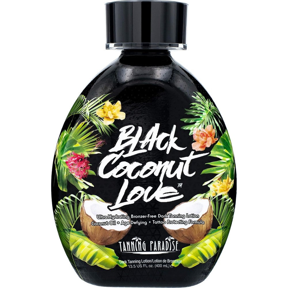 Tanning Paradise Black Coconut Love Tanning Lotion bottle front view for dark tanning.