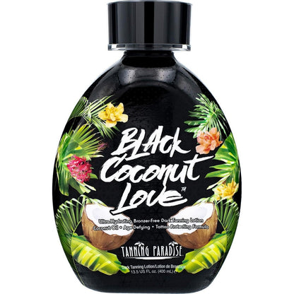 Tanning Paradise Black Coconut Love Tanning Lotion bottle front view for dark tanning.