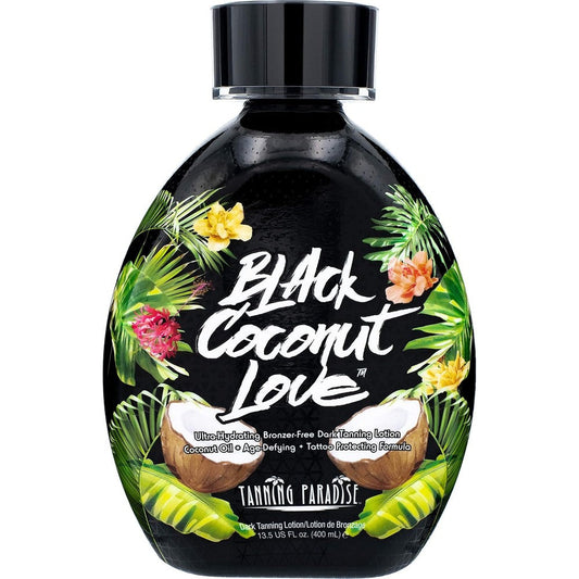 Tanning Paradise Black Coconut Love Tanning Lotion bottle front view for dark tanning.
