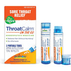 Boiron ThroatCalm On The Go front packaging showing 2 portable tubes.