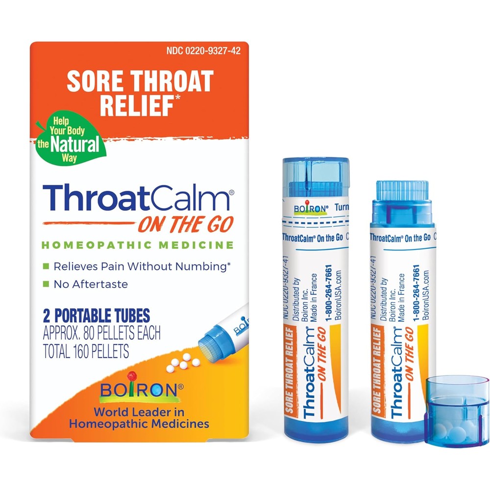 Boiron ThroatCalm On The Go front packaging showing 2 portable tubes.