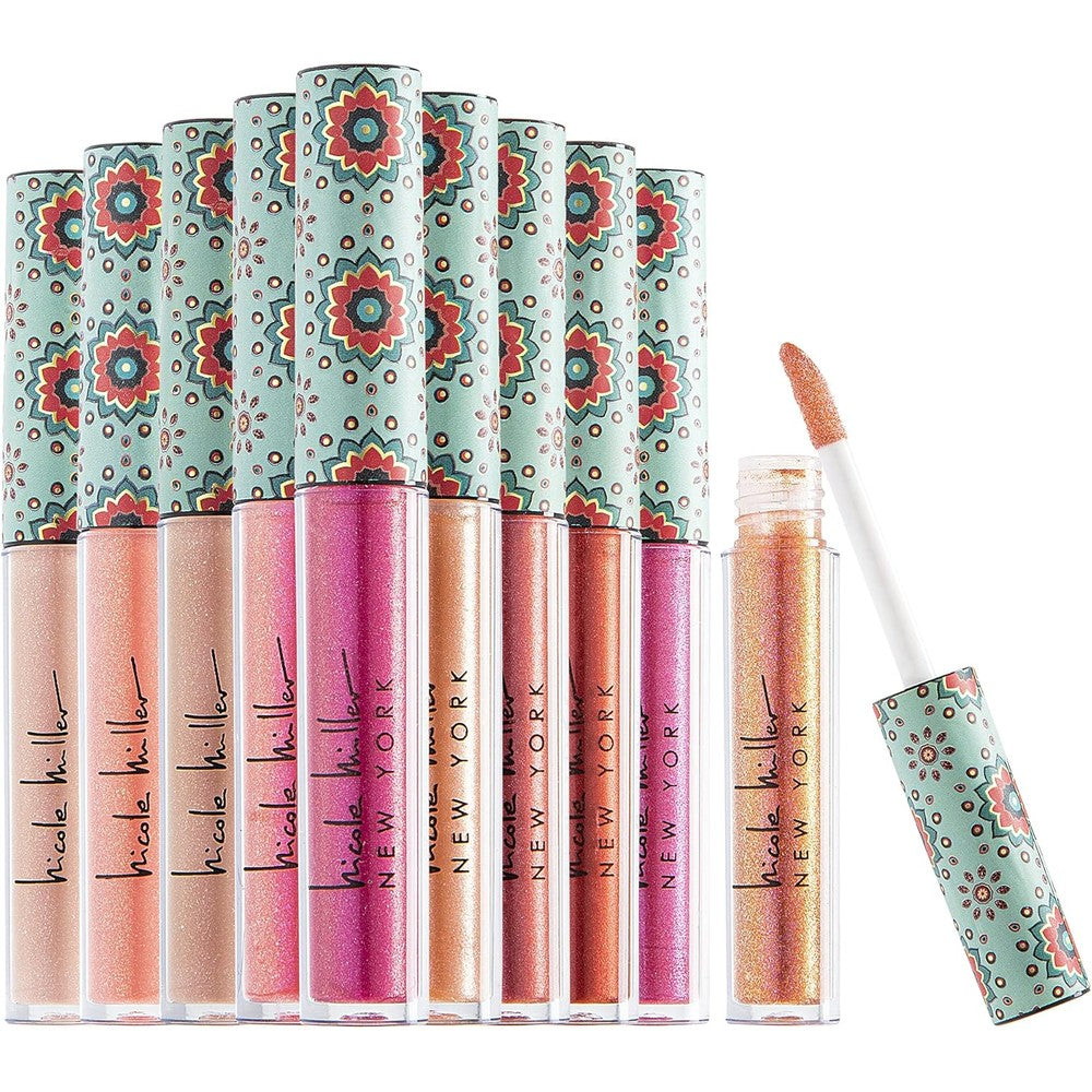 Nicole Miller lip gloss 10 glosses collection showing variety of pink glossy shades
