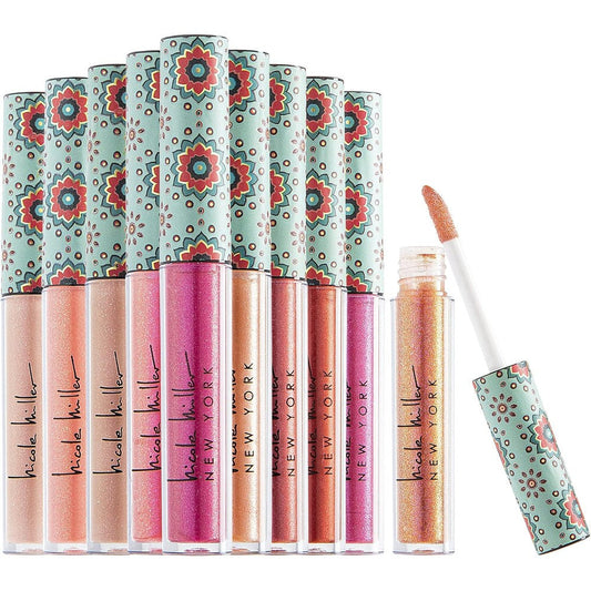 Nicole Miller lip gloss 10 glosses collection showing variety of pink glossy shades